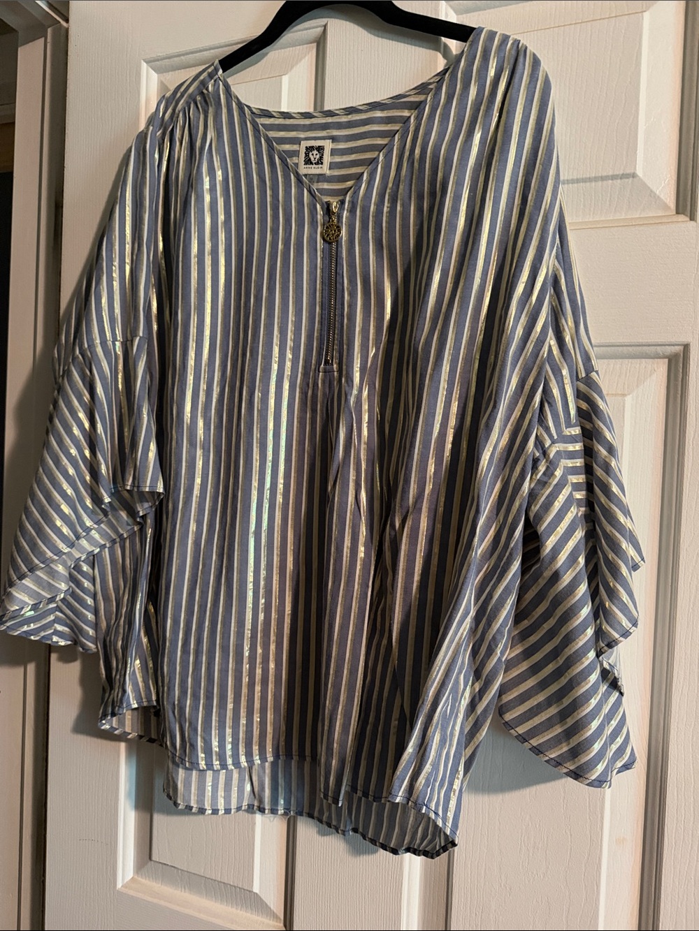 Anne Klein Blue and White Striped Zip-Front Flutter Top